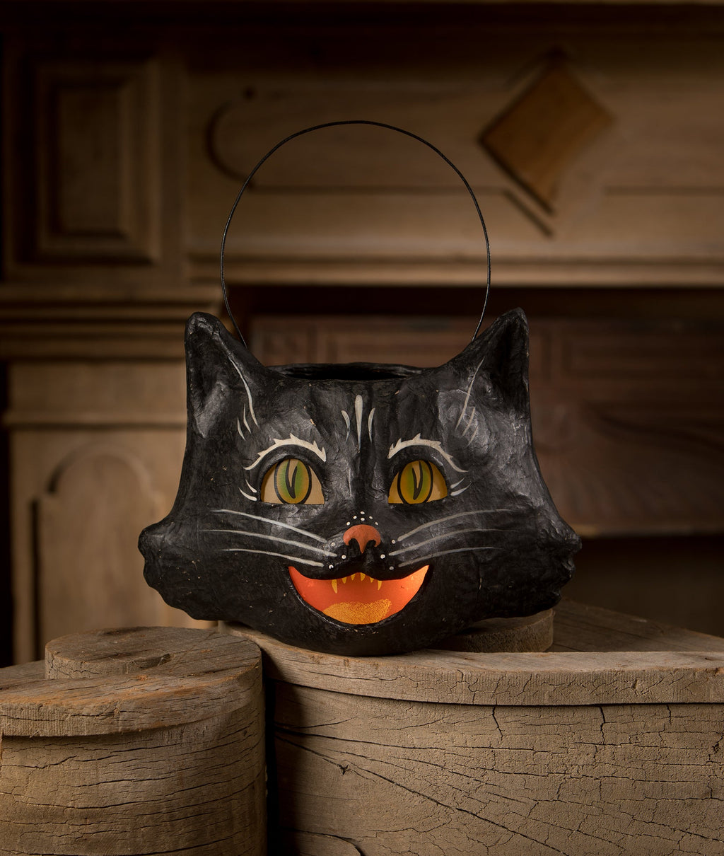 Amusing Black Cat Bucket, Paper Mache
