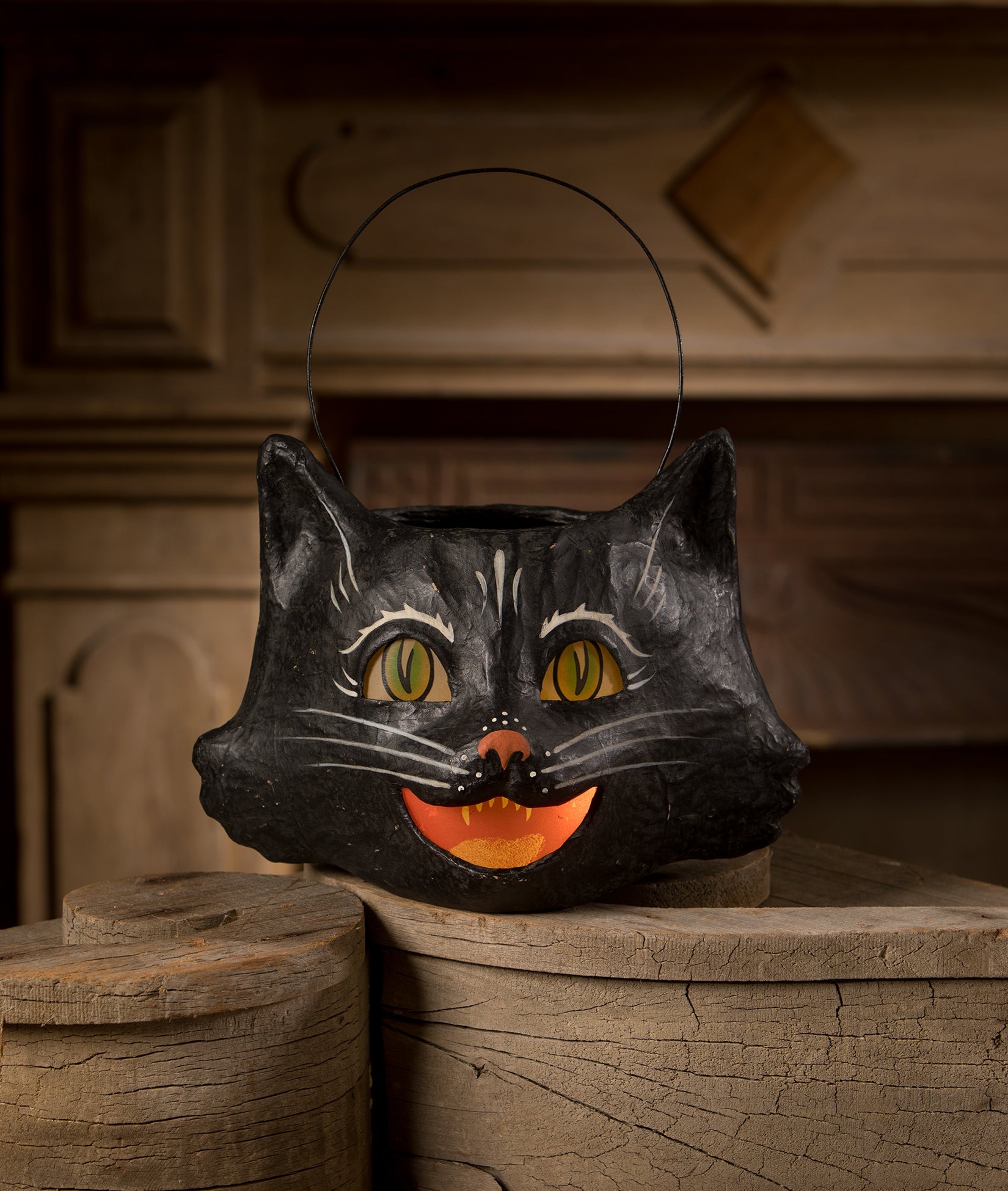 Amusing Black Cat Bucket, Paper Mache