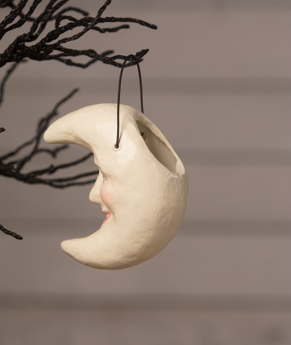 White Moon Bucket Ornament, Paper Mache