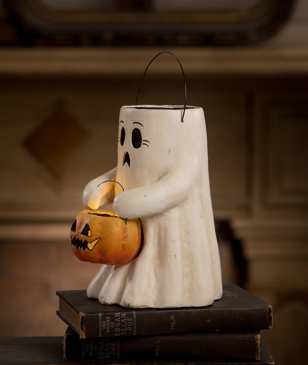 Scaredy Boo Ghost with Pumpkin Bucket, Paper Mache