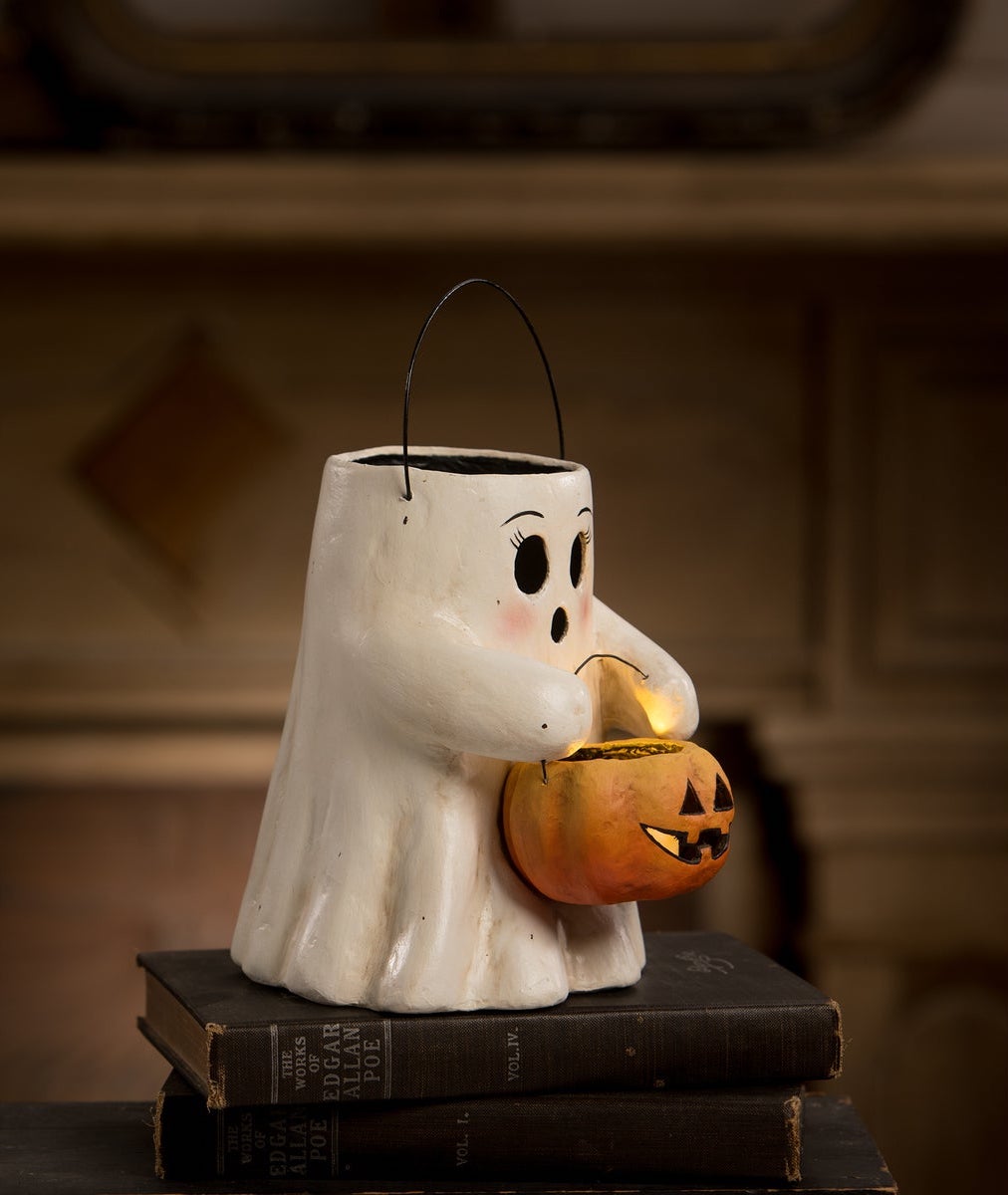 Sweet Boo Ghost with Pumpkin Bucket, Paper Mache