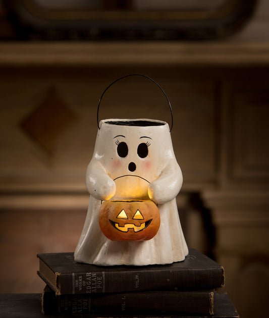 Sweet Boo Ghost with Pumpkin Bucket, Paper Mache
